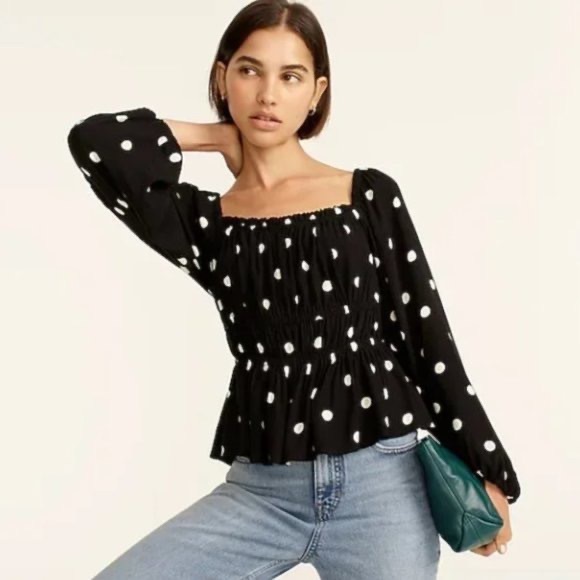 J. Crew Tops - J.Crew Puff-sleeve drapey crepe top in dots - NWT